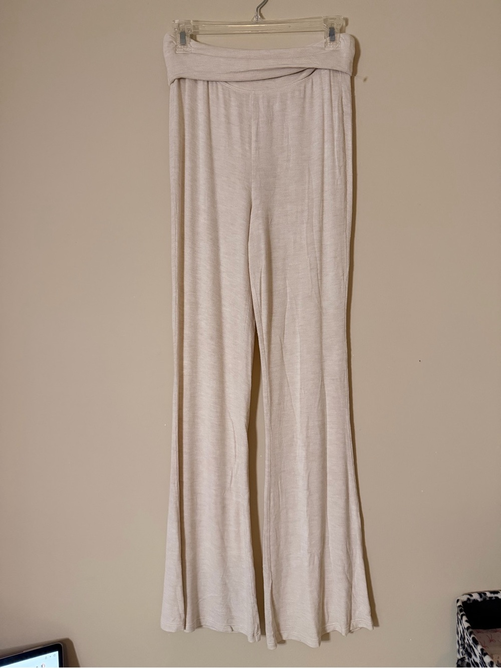 Aerie Light Beige Fold-Over Waist Wide-Leg Lounge Pants